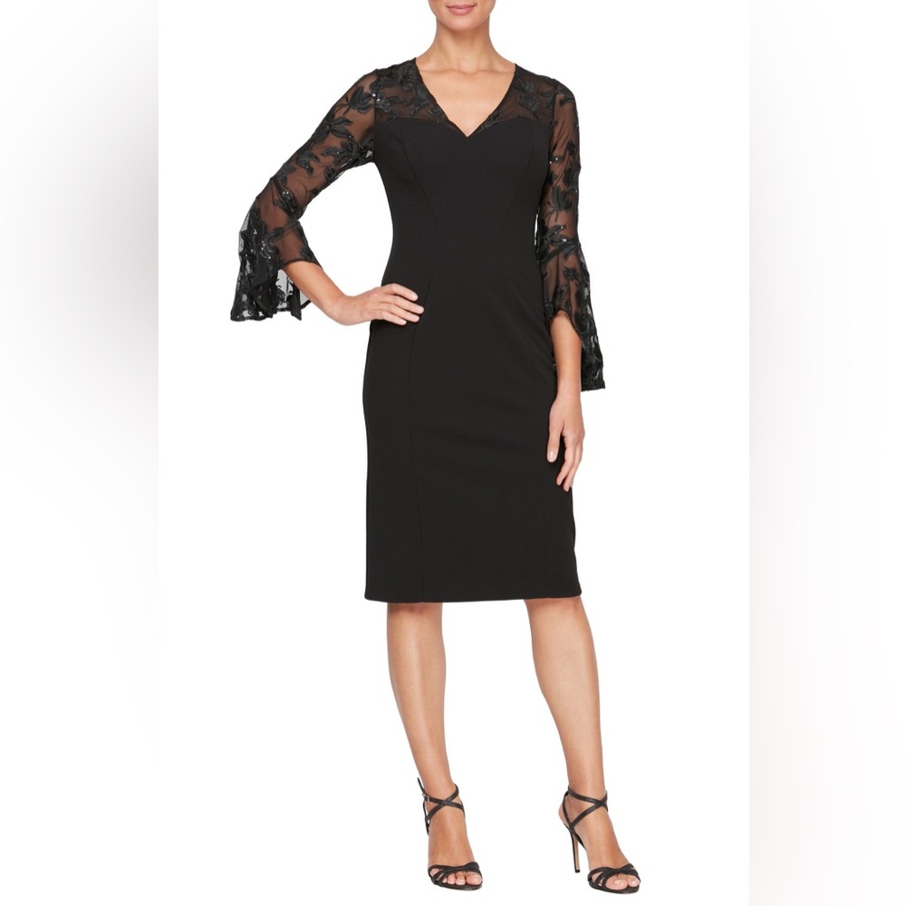 NWT Alex Evenings Embroidered Illusion Bell Sleeve Sheath Dress
